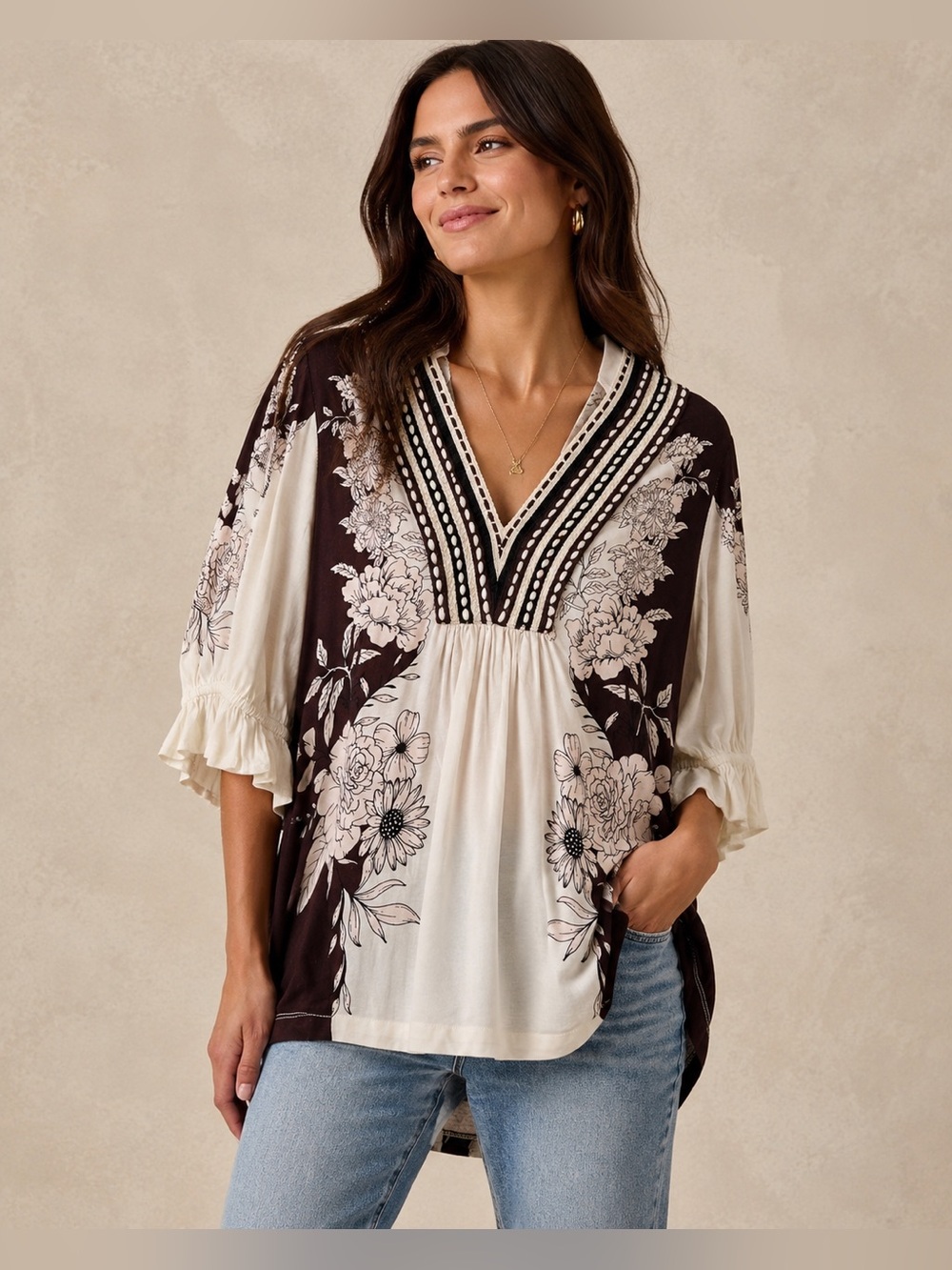Anthropologie Bl-nk Stephanie Boho Top Brown Ivory XL NWT Babydoll Cottagecore